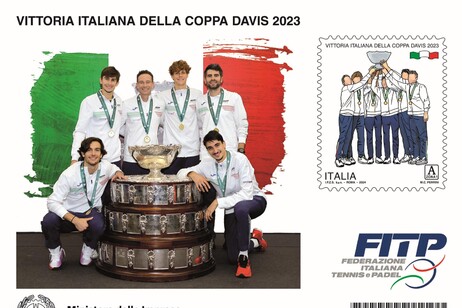 Sello postal para conmemorar segundo título de Italia en Copa Davis