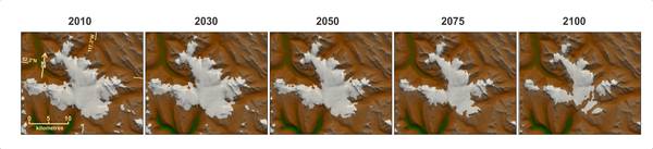 Scenario ottimistico per il ghiacciaio Columbia in cui non vengano superate 490 ppm di CO2 nell'atmosfera (immagine: Garry Clarke/University of British Columbia)