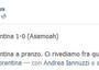 Dopo aver battuto la Fiorentina per 1-0 nell'anticipo delle 12,30, sull'account Twitter ufficiale dei bianconeri compare lo sfotto':'Buona la Fiorentina a pranzo, ci vediamo a cena' alludendo alla gara di E.League di 4 giorni dopo tra le 2 squadre