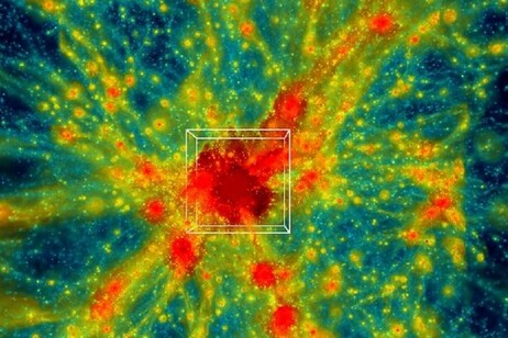 Un ejemplo de la simulación de la expansión del universo. La región del cuadro es rica en cúmulos de galaxias (fuente: Laboratorio Nacional Argonne, Departamento de Energía de EE. UU.)