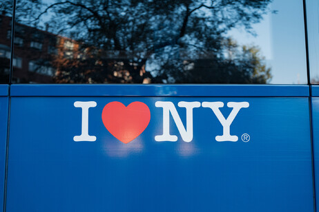 I Love NY sign on a New York City Bus in Manhattan, New York, USA.