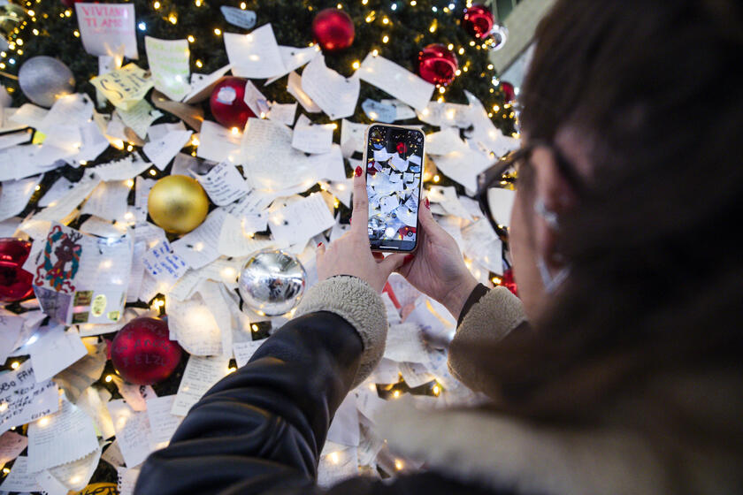 Biglietti affissi all'albero di Natale della stazione Termini a Roma