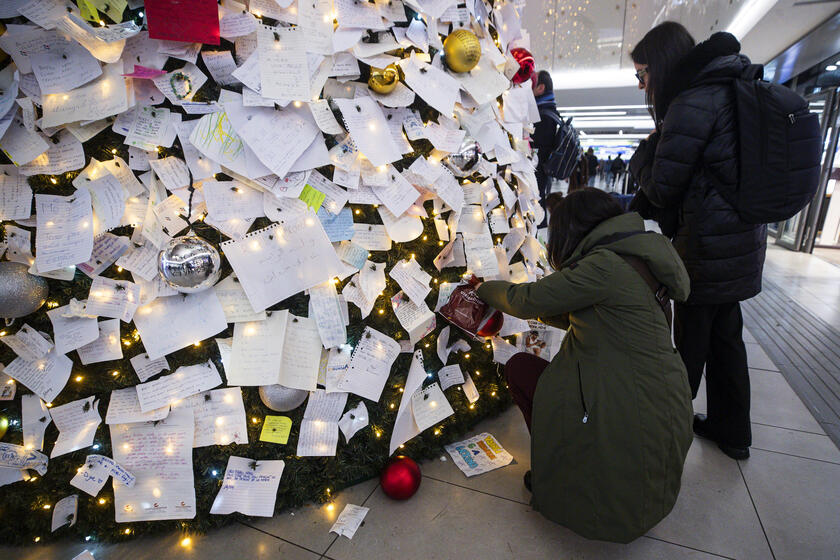 Biglietti affissi all'albero di Natale della stazione Termini a Roma