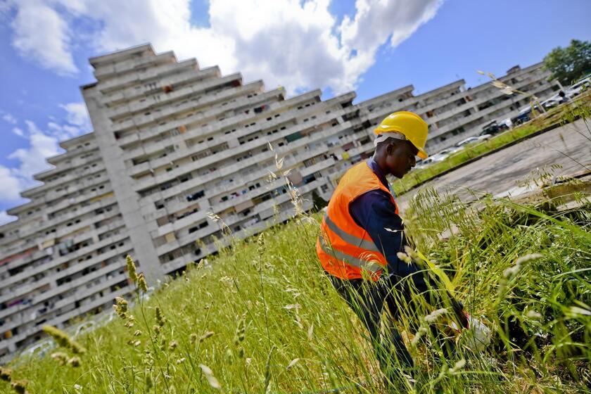 n operaio al lavoro per ripulire il cantiere prima della cerimonia di consegna del cantiere