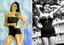 Una combo di immagini del bozzetto del nuovo costume di Miss Italia e del costume di una miss degli anni '50